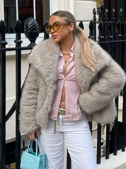 Winter Plush Coat – Warm Fluffy Lapel Jacket for Women