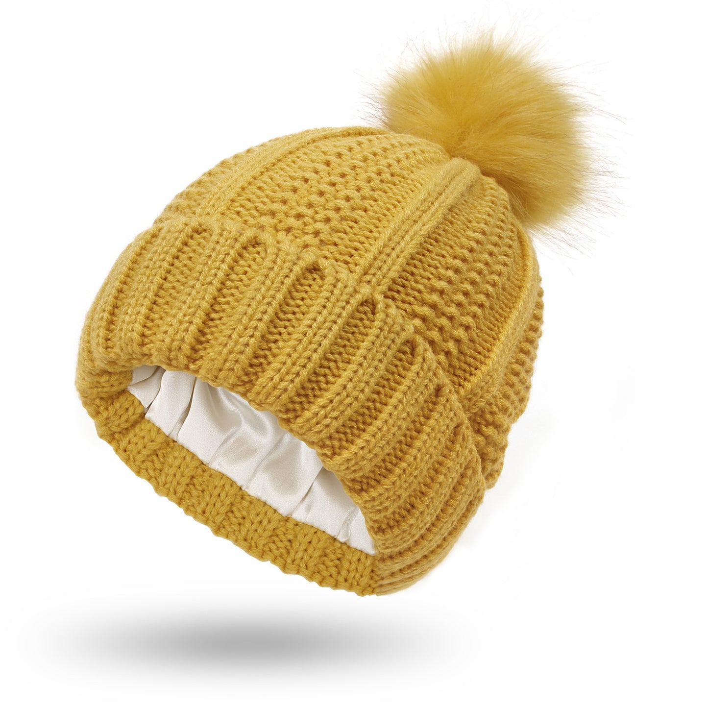 Satin Lined Knit Pom Pom Beanie for Women