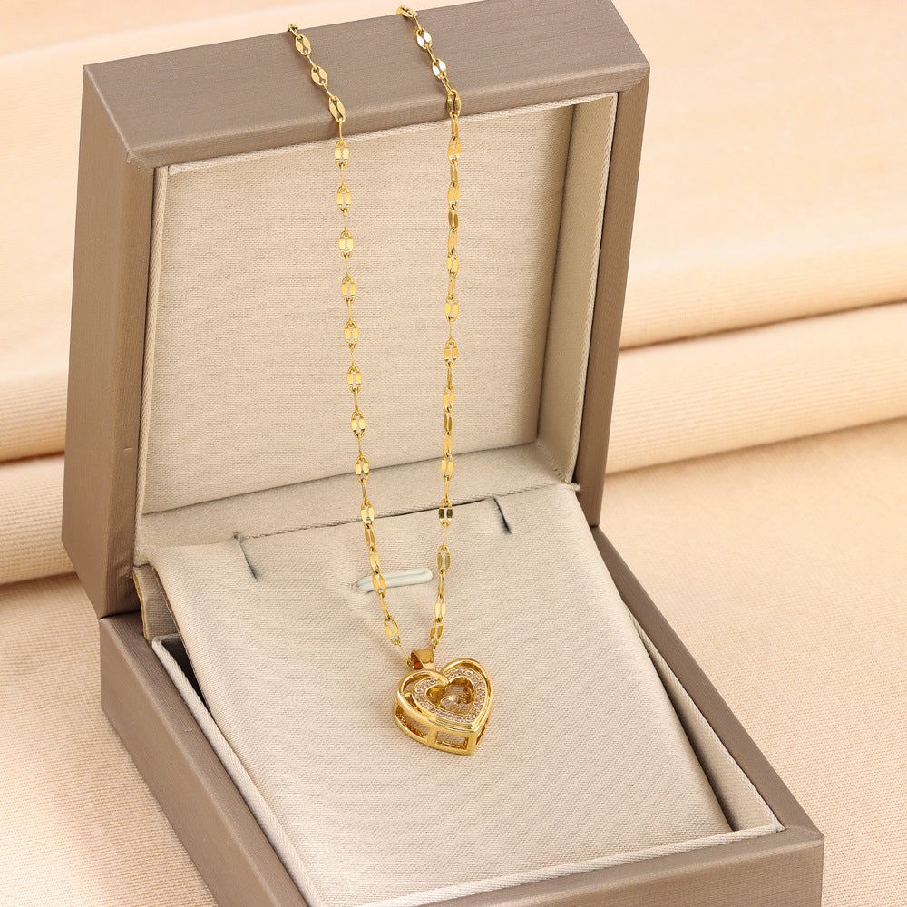 Double-Layer Love Necklace with Rhinestones – Titanium Steel Pendant for Women