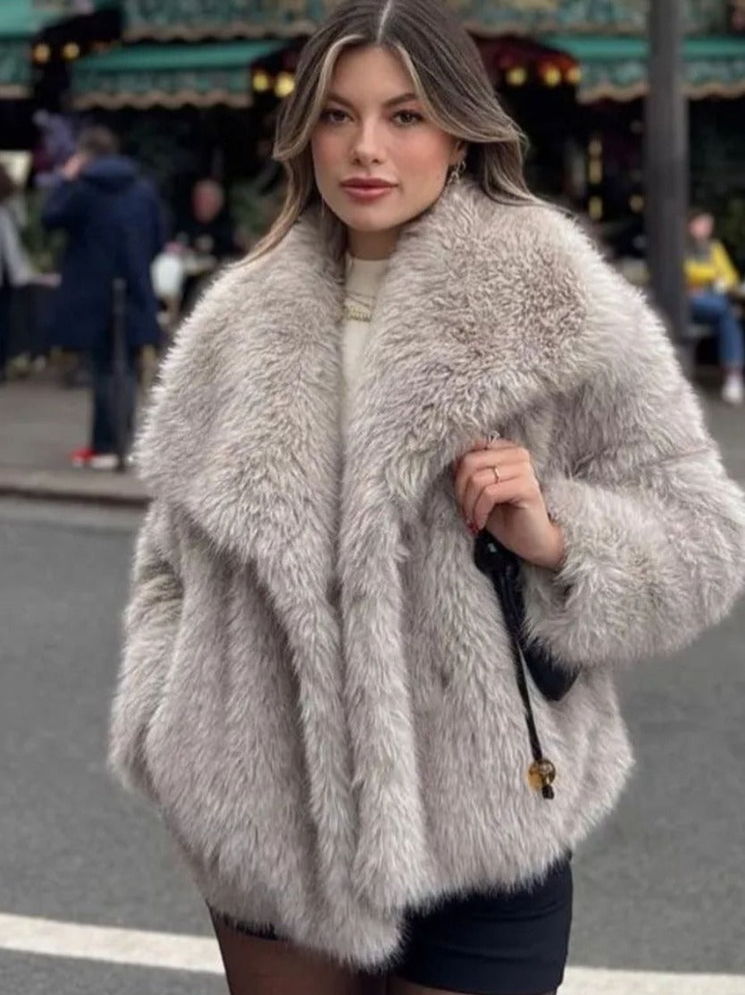 Winter Plush Coat – Warm Fluffy Lapel Jacket for Women