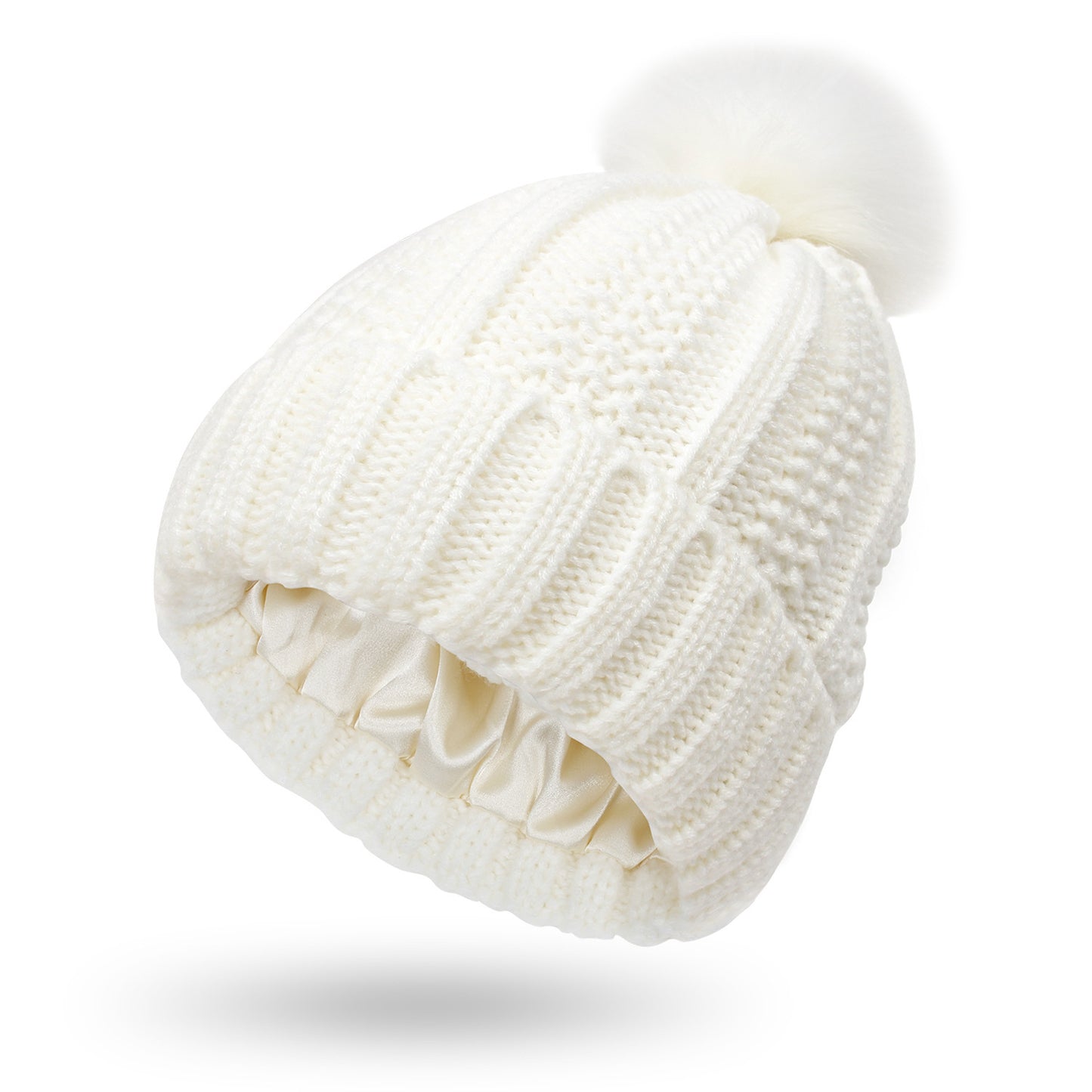 Satin Lined Knit Pom Pom Beanie for Women