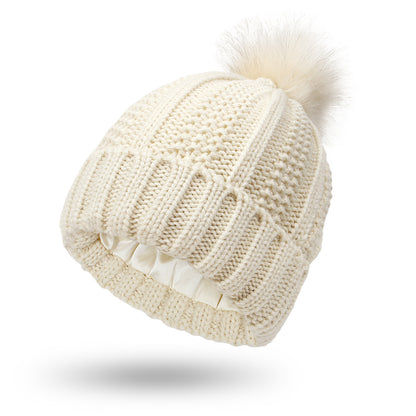 Satin Lined Knit Pom Pom Beanie for Women