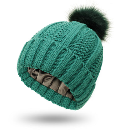 Satin Lined Knit Pom Pom Beanie for Women