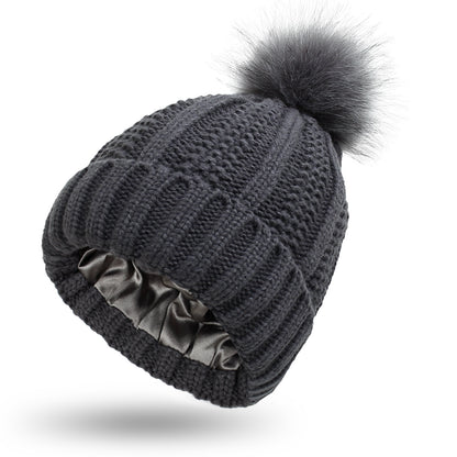 Satin Lined Knit Pom Pom Beanie for Women