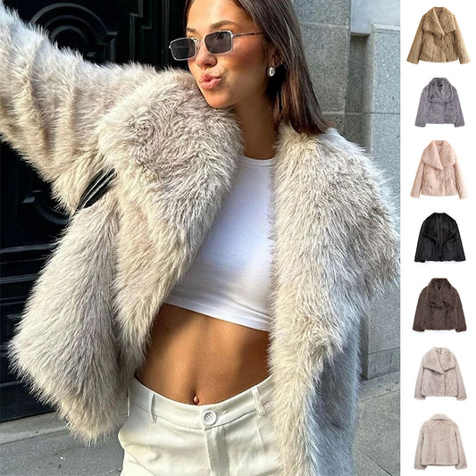 Winter Plush Coat – Warm Fluffy Lapel Jacket for Women