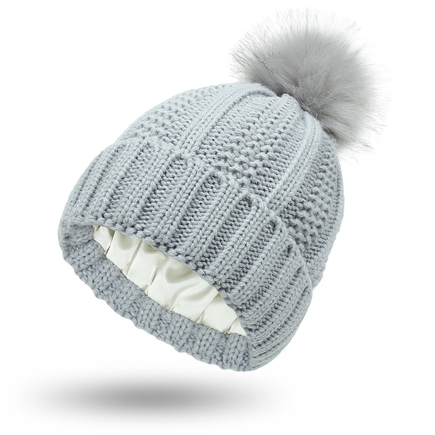 Satin Lined Knit Pom Pom Beanie for Women