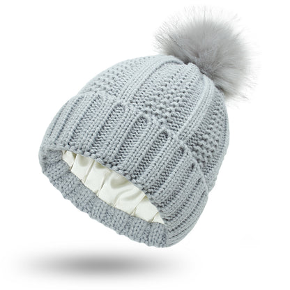 Satin Lined Knit Pom Pom Beanie for Women