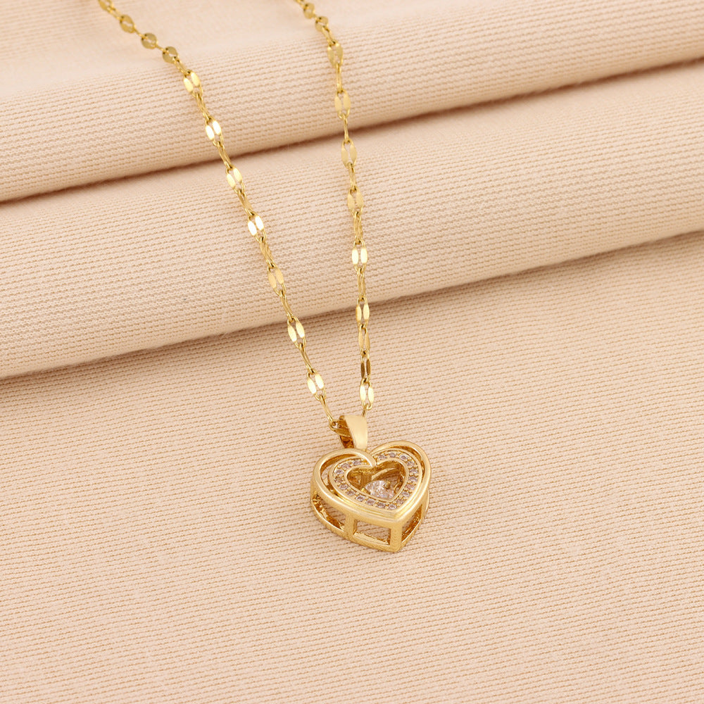 Double-Layer Love Necklace with Rhinestones – Titanium Steel Pendant for Women
