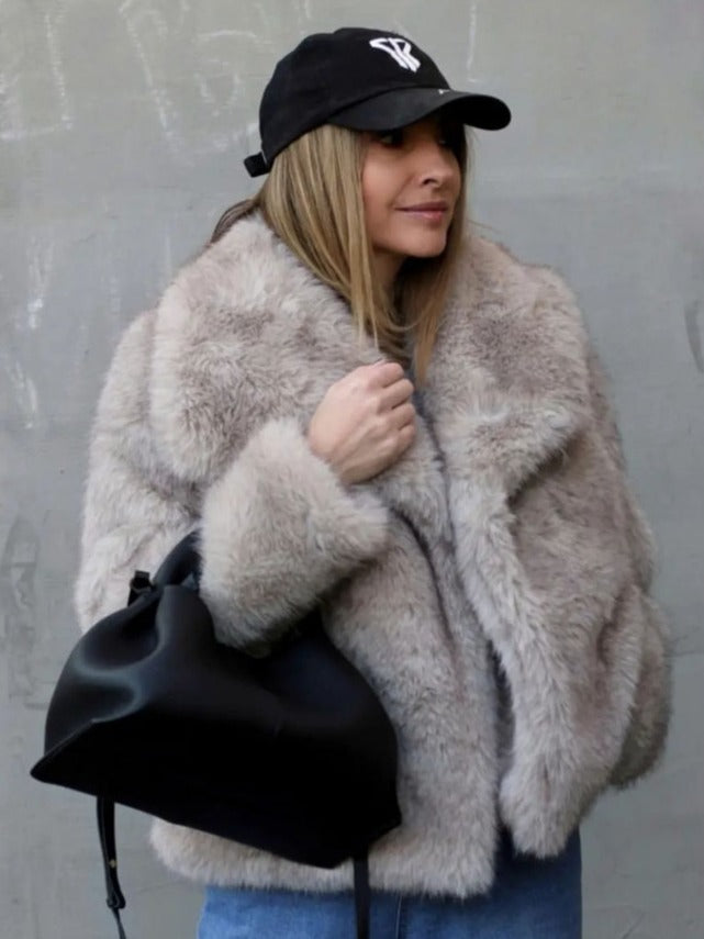 Winter Plush Coat – Warm Fluffy Lapel Jacket for Women