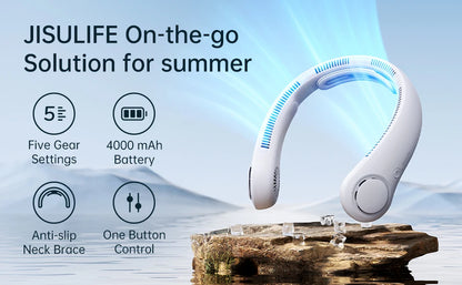 JISULIFE Upgraded Portable Neck Fan – 5000mAh, 5 Speeds, Hands-Free Cooling