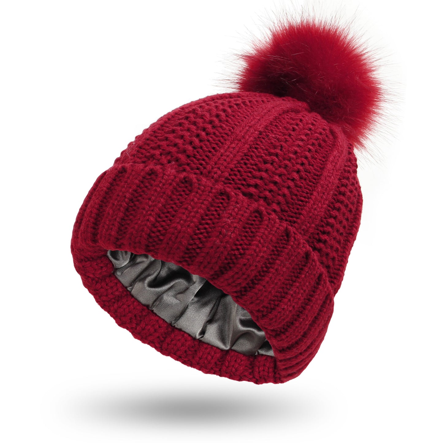 Satin Lined Knit Pom Pom Beanie for Women