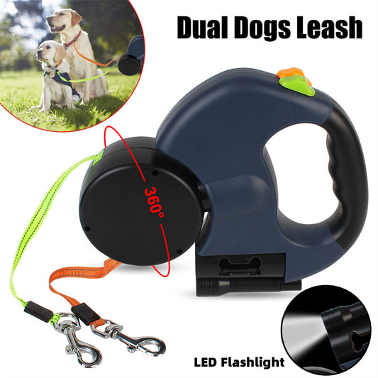 Retractable Dual Dog Leash – Reflective Pet Lead with 360° Swivel & Light