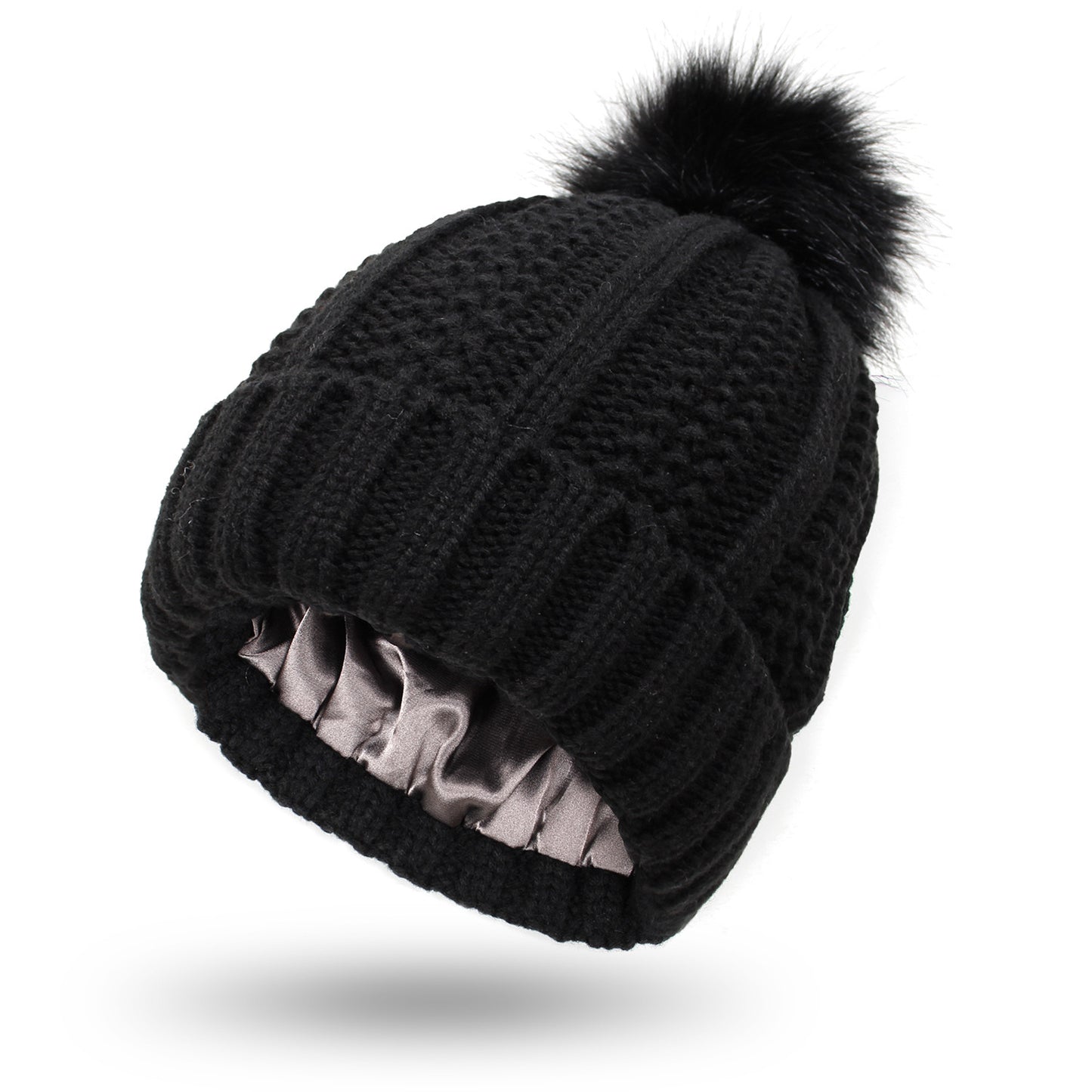 Satin Lined Knit Pom Pom Beanie for Women