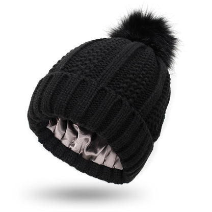 Satin Lined Knit Pom Pom Beanie for Women