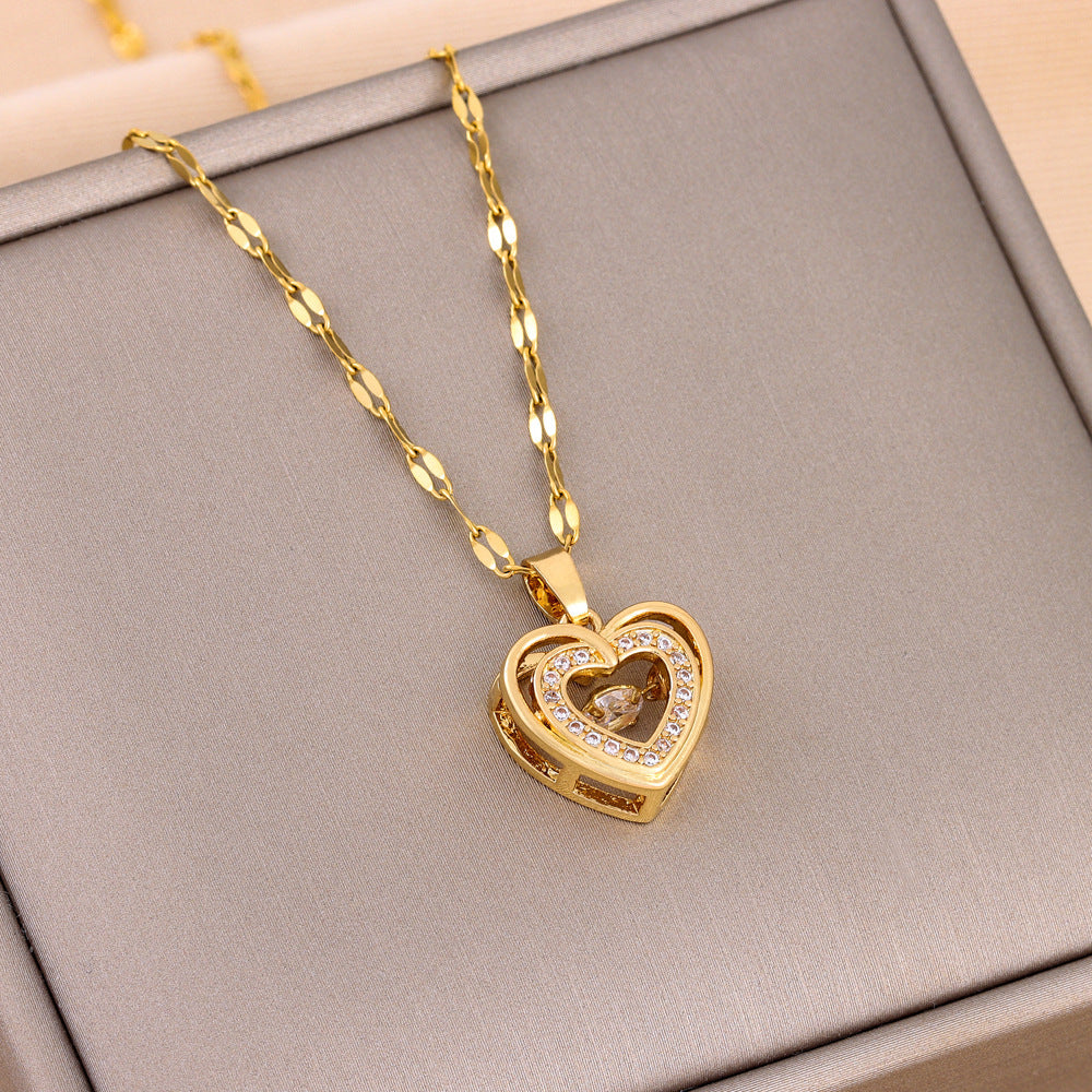 Double-Layer Love Necklace with Rhinestones – Titanium Steel Pendant for Women