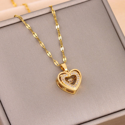 Double-Layer Love Necklace with Rhinestones – Titanium Steel Pendant for Women