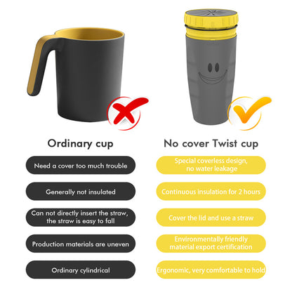 No-Cover Twist Travel Cup – Double Insulated Portable Tumbler with Straw for Kids & Adults