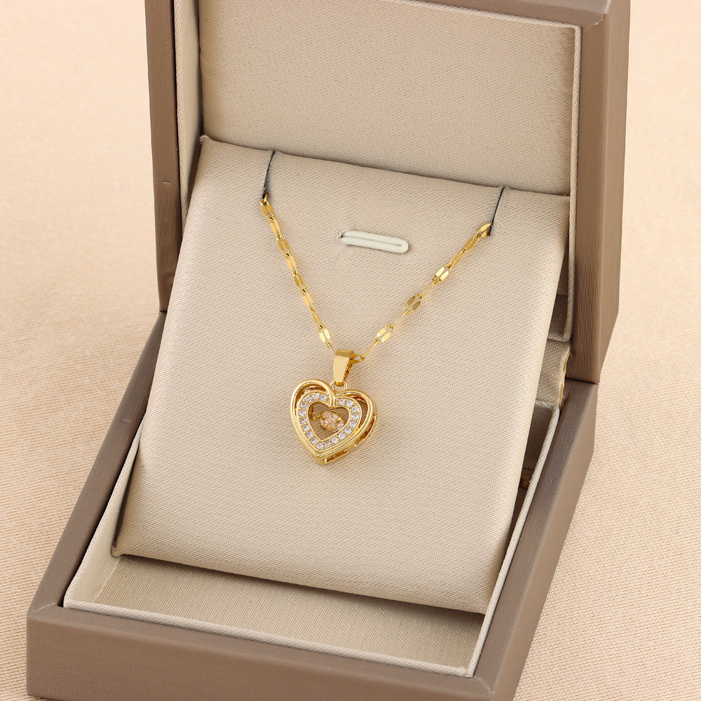 Double-Layer Love Necklace with Rhinestones – Titanium Steel Pendant for Women