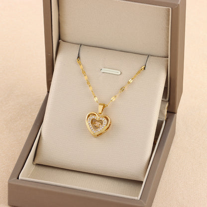 Double-Layer Love Necklace with Rhinestones – Titanium Steel Pendant for Women